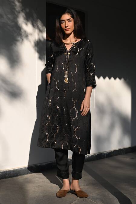 Buy_Shorshe Clothing_Black Brocade, Satin, Silk Zari Open Neck Jaal Embroidered Kurta Set_Online_at_Aza_Fashions