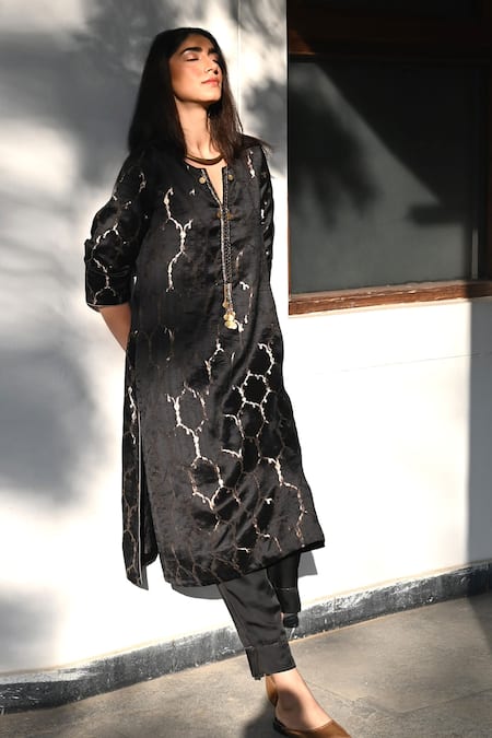 Shorshe Clothing_Black Brocade, Satin, Silk Zari Open Neck Jaal Embroidered Kurta Set_at_Aza_Fashions