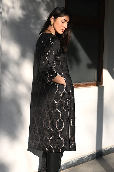 Buy_Shorshe Clothing_Black Brocade, Satin, Silk Zari Open Neck Jaal Embroidered Kurta Set