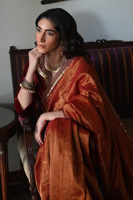 Shop_Shorshe Clothing_Red Handloom Cotton, Silk Cut Work, Beads, Lace Gulzar Embroidered Saree_at_Aza_Fashions