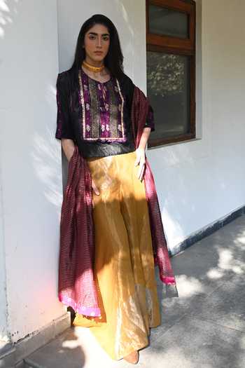 Shorshe Clothing_Gold Handloom Cotton, Silk Sequins, Zari Black Embroidered Kurta And Gharara Set_Online_at_Aza_Fashions