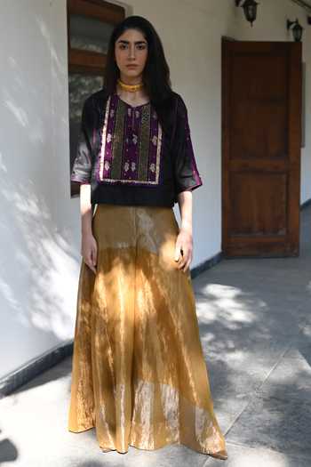 Buy_Shorshe Clothing_Gold Handloom Cotton, Silk Sequins, Zari Black Embroidered Kurta And Gharara Set_Online_at_Aza_Fashions