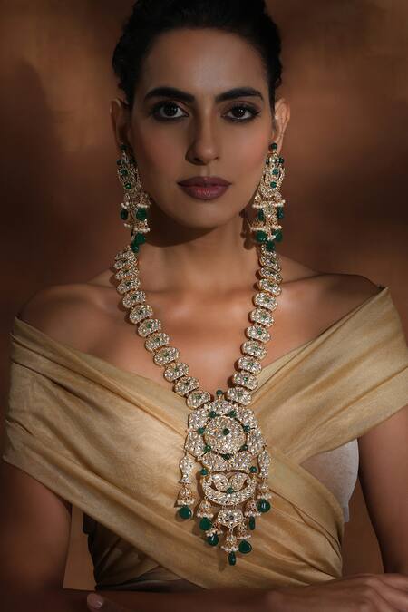 Swabhimann_Green Polki Floral Pendant Necklace Set _Online_at_Aza_Fashions