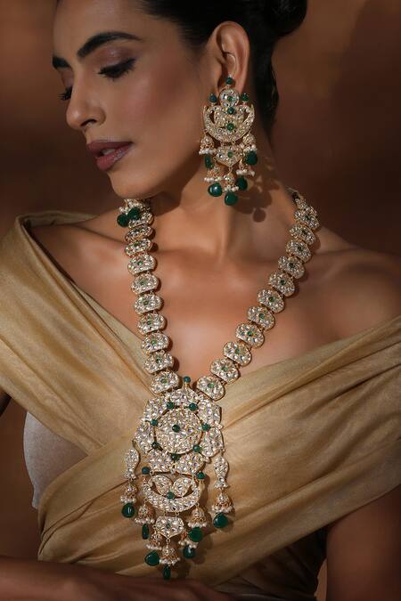 Buy_Swabhimann_Green Polki Floral Pendant Necklace Set _Online_at_Aza_Fashions