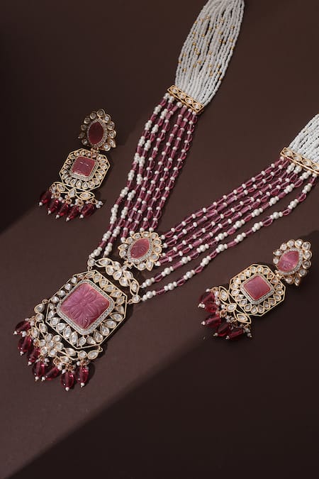 Buy_Swabhimann_Pink Beads Floral Carved Pendant Necklace Set _Online_at_Aza_Fashions