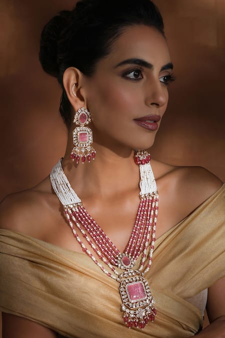 Shop_Swabhimann_Pink Beads Floral Carved Pendant Necklace Set _Online_at_Aza_Fashions