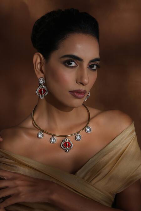 Swabhimann_Red Imitation Diamonds Tribal Hasli Necklace Set_Online_at_Aza_Fashions