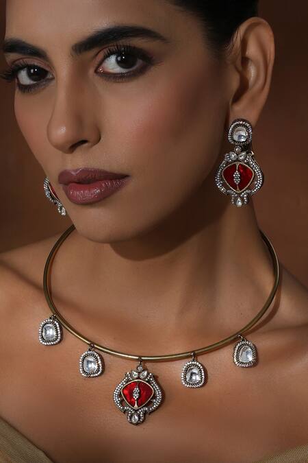 Buy_Swabhimann_Red Imitation Diamonds Tribal Hasli Necklace Set_Online_at_Aza_Fashions
