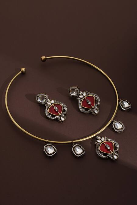 Shop_Swabhimann_Red Imitation Diamonds Tribal Hasli Necklace Set_Online_at_Aza_Fashions
