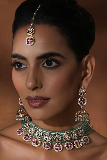 Swabhimann_Blue Beads Floral Polki Jewellery Set _Online_at_Aza_Fashions