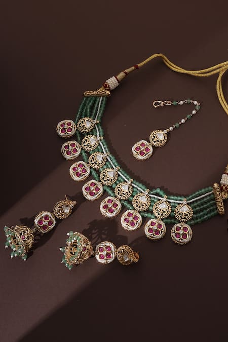 Buy_Swabhimann_Blue Beads Floral Polki Jewellery Set _Online_at_Aza_Fashions