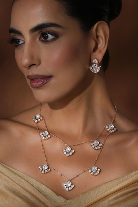 Swabhimann_Rose Gold Imitation Diamonds Floral Polki Layered Necklace Set _Online_at_Aza_Fashions