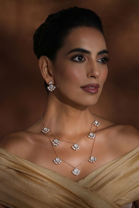 Shop_Swabhimann_Rose Gold Imitation Diamonds Floral Polki Layered Necklace Set _Online_at_Aza_Fashions