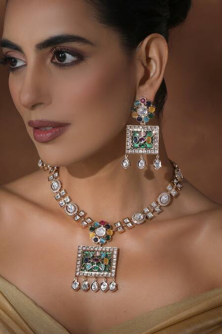 Swabhimann_Multi Color Zari Polki Embellished Geometric Necklace Set _Online_at_Aza_Fashions