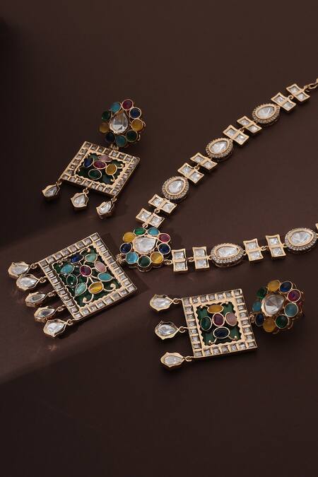Buy_Swabhimann_Multi Color Zari Polki Embellished Geometric Necklace Set _Online_at_Aza_Fashions