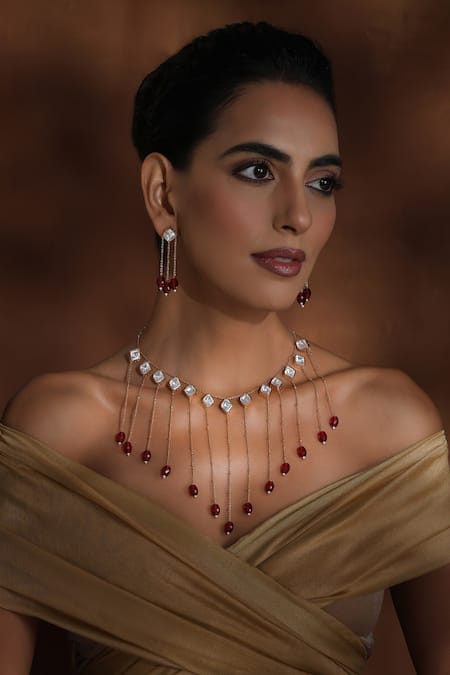 Swabhimann_Red Beads, Zari Rose Gold Polki Necklace Set With Earrings _Online_at_Aza_Fashions