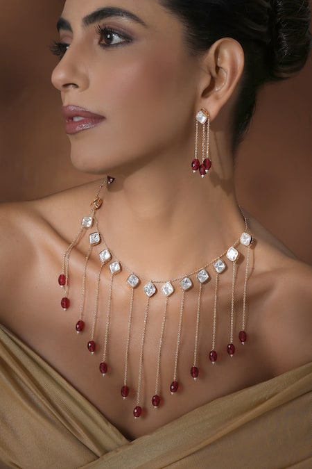 Buy_Swabhimann_Red Beads, Zari Rose Gold Polki Necklace Set With Earrings _Online_at_Aza_Fashions