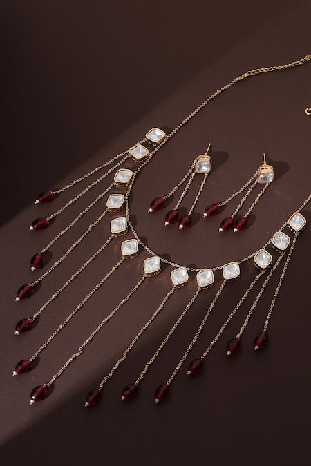 Shop_Swabhimann_Red Beads, Zari Rose Gold Polki Necklace Set With Earrings _Online_at_Aza_Fashions