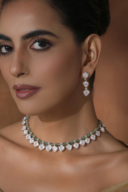 Buy_Swabhimann_Green Beads Rose Gold Polki Necklace Set _Online_at_Aza_Fashions