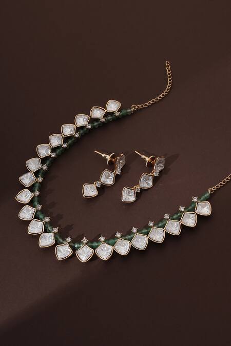 Shop_Swabhimann_Green Beads Rose Gold Polki Necklace Set _Online_at_Aza_Fashions