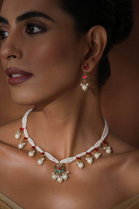 Swabhimann_Multi Color Pearls Kundan And Necklace Set _Online_at_Aza_Fashions