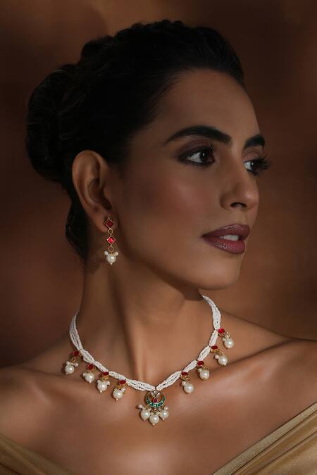 Shop_Swabhimann_Multi Color Pearls Kundan And Necklace Set _Online_at_Aza_Fashions