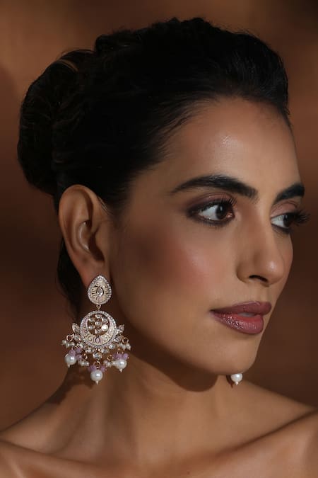 Swabhimann Pink Diamonds, Pearls Polki Chandbali Earrings 