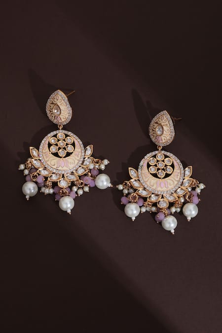Shop_Swabhimann_Pink Diamonds, Pearls Polki Chandbali Earrings _at_Aza_Fashions