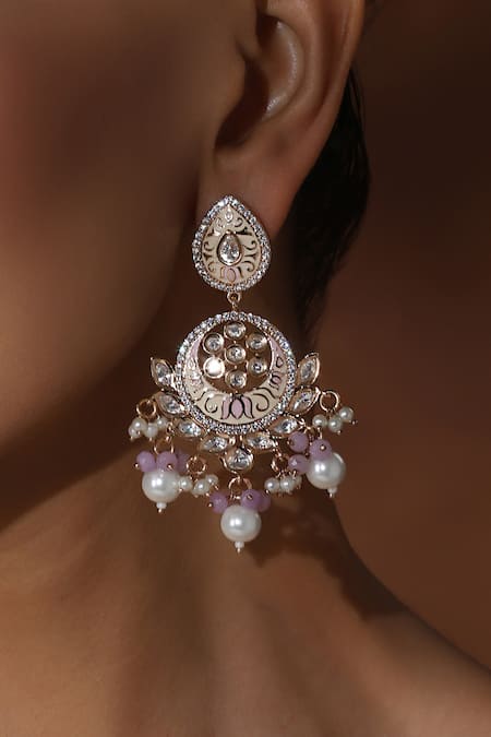 Swabhimann_Pink Diamonds, Pearls Polki Chandbali Earrings _Online_at_Aza_Fashions