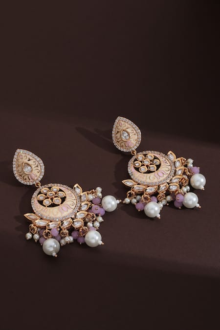 Buy_Swabhimann_Pink Diamonds, Pearls Polki Chandbali Earrings _Online_at_Aza_Fashions