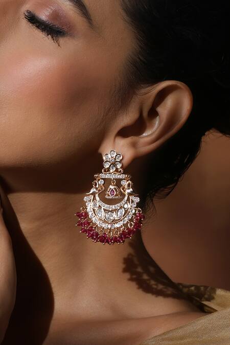 Buy_Swabhimann_Red Diamonds, Rhinestones Polki Blossom Chandbali Earrings _Online_at_Aza_Fashions