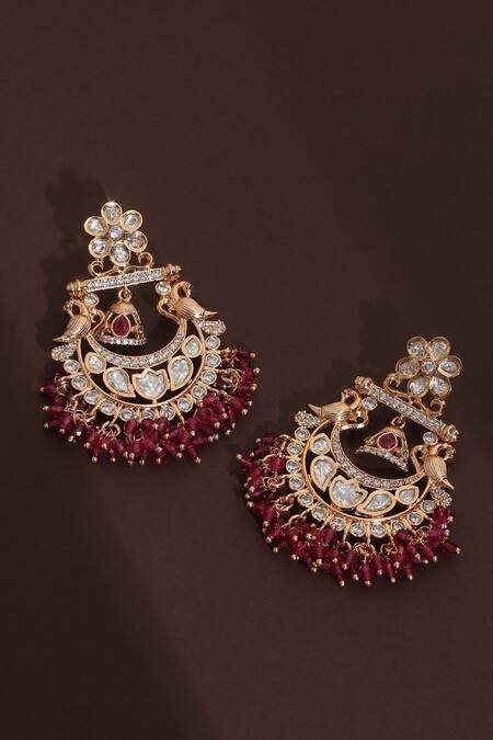Shop_Swabhimann_Red Diamonds, Rhinestones Polki Blossom Chandbali Earrings _Online_at_Aza_Fashions
