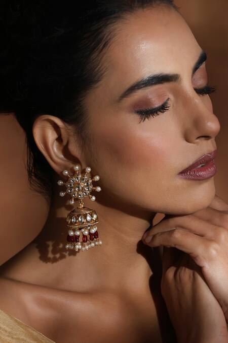 Swabhimann_Red Pearls, Stones Kundan Blossom Jhumka Earrings _Online_at_Aza_Fashions