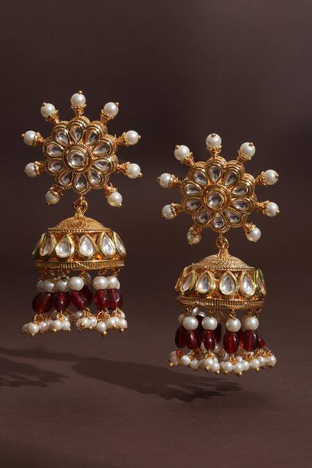 Buy_Swabhimann_Red Pearls, Stones Kundan Blossom Jhumka Earrings _Online_at_Aza_Fashions