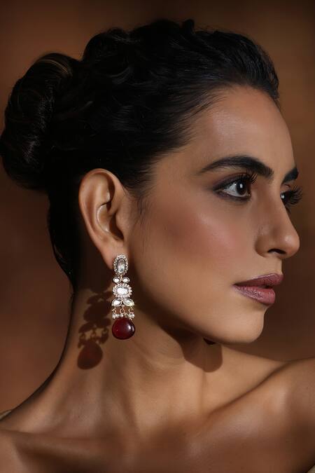 Swabhimann_Red Zari Bloom Vine Polki Dangler Earrings _Online_at_Aza_Fashions