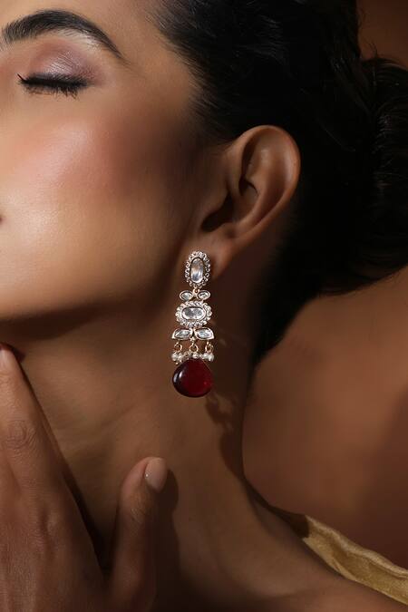 Buy_Swabhimann_Red Zari Bloom Vine Polki Dangler Earrings _Online_at_Aza_Fashions