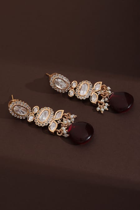 Shop_Swabhimann_Red Zari Bloom Vine Polki Dangler Earrings _Online_at_Aza_Fashions