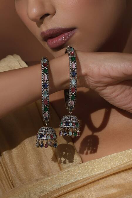 Swabhimann_Multi Color Zari Zirconia Jhumka Embellished Bangles Set _Online_at_Aza_Fashions