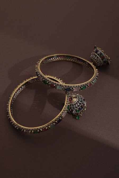 Buy_Swabhimann_Multi Color Zari Zirconia Jhumka Embellished Bangles Set _Online_at_Aza_Fashions