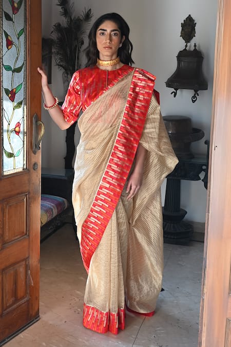 Shorshe Clothing_Red Brocade, Satin Piping Round Neck Geometric Linear Pattern Blouse_Online_at_Aza_Fashions