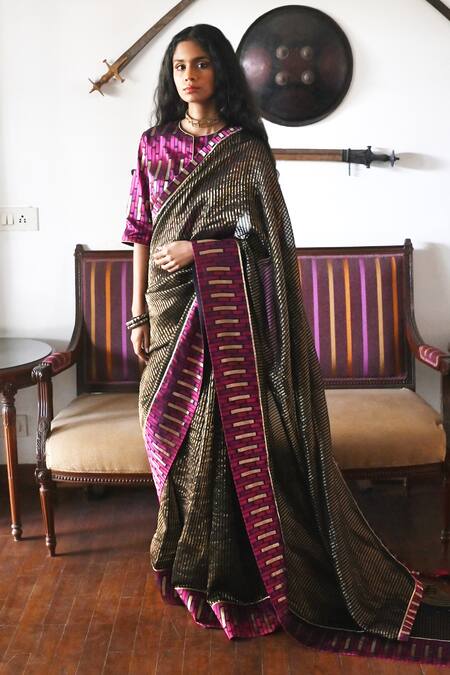 Shop_Shorshe Clothing_Black Brocade, Satin Piping Round Neck Geometric Linear Woven Blouse_Online_at_Aza_Fashions