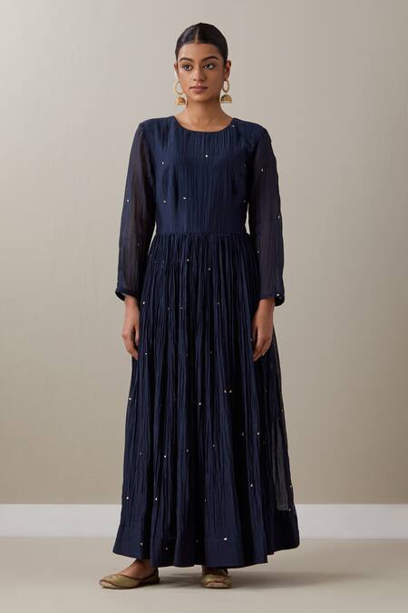 Priya Chaudhary_Blue Chanderi Sequins, Applique Round Neck Anarkali With Embroidered Koti Jacket _Online_at_Aza_Fashions