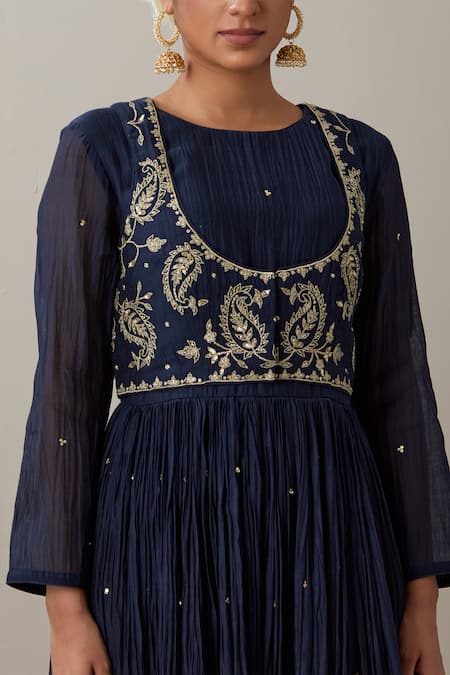 Shop_Priya Chaudhary_Blue Chanderi Sequins, Applique Round Neck Anarkali With Embroidered Koti Jacket _Online_at_Aza_Fashions