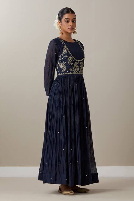 Buy_Priya Chaudhary_Blue Chanderi Sequins, Zari Round Neck Embroidered Anarkali Set _Online_at_Aza_Fashions