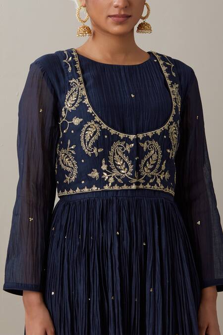 Shop_Priya Chaudhary_Blue Chanderi Sequins, Zari Round Neck Embroidered Anarkali Set _Online_at_Aza_Fashions