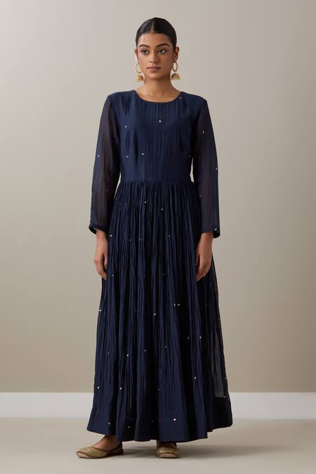 Priya Chaudhary_Blue Chanderi Sequins, Zari Round Neck Embroidered Anarkali Set With Koti Jacket _Online_at_Aza_Fashions