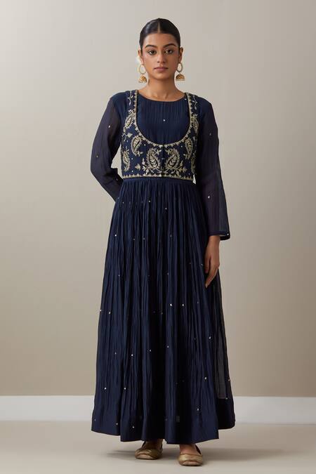 Buy_Priya Chaudhary_Blue Chanderi Sequins, Zari Round Neck Embroidered Anarkali Set With Koti Jacket _Online_at_Aza_Fashions