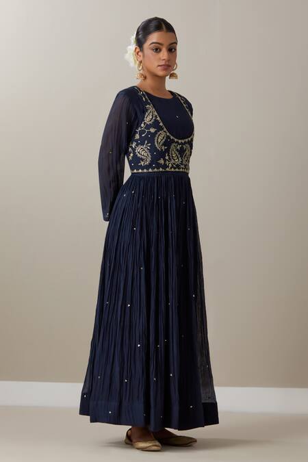 Shop_Priya Chaudhary_Blue Chanderi Sequins, Zari Round Neck Embroidered Anarkali Set With Koti Jacket _Online_at_Aza_Fashions