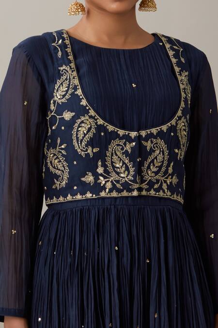 Priya Chaudhary_Blue Chanderi Sequins, Zari Round Neck Embroidered Anarkali Set With Koti Jacket _at_Aza_Fashions