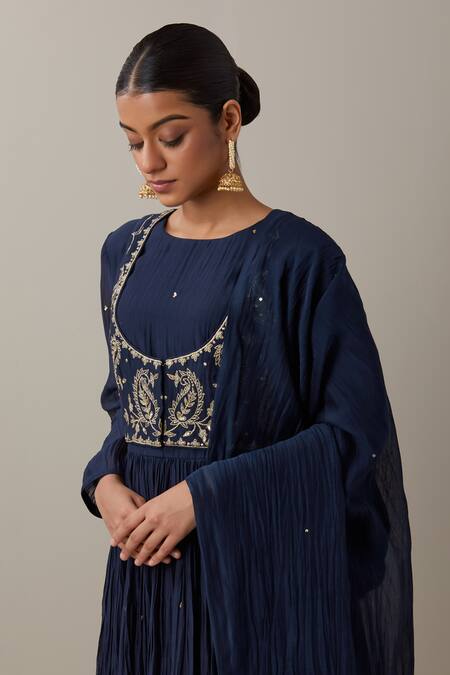 Buy_Priya Chaudhary_Blue Chanderi Sequins, Zari Round Neck Embroidered Anarkali Set With Koti Jacket 